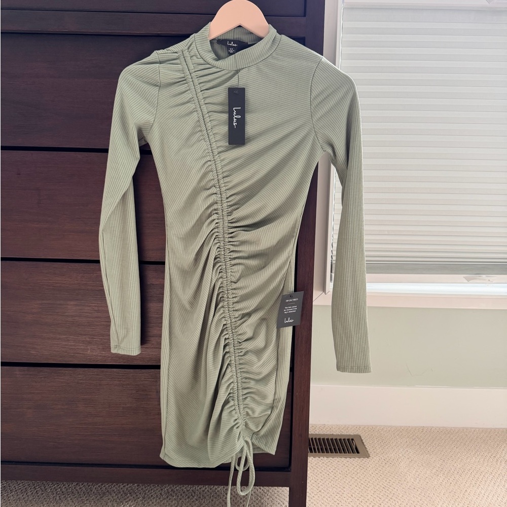 Lulu's Sage Green Ruched Long Sleeve Dress